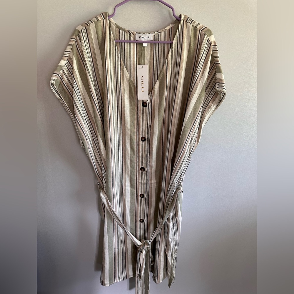 Gilli Striped Button-Front Tie-Waist Dress in Olive, Cream & Taupe